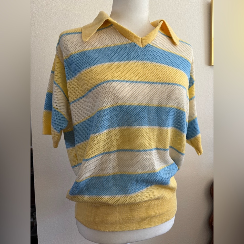 Vintage Studio One by Campus Striped Knit Polo Top in Yellow, Blue & Cream-CUTE